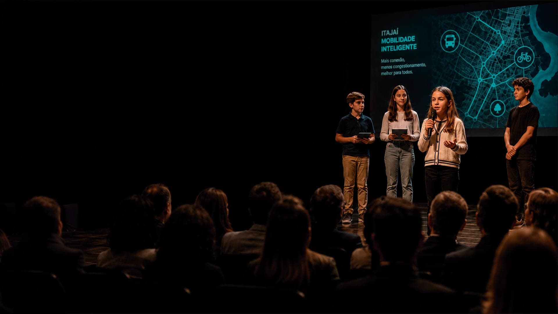 Estudantes apresentando um projeto no palco da Mostra